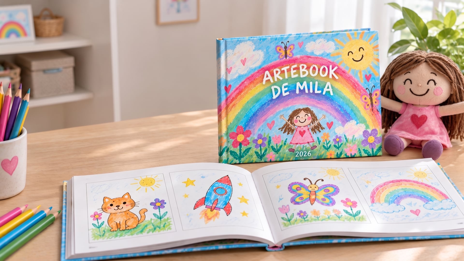 Un ARTEbook impreso, abierto y cerrado, junto a un peluche personalizado, ambos hechos a partir de los propios dibujos de una nena