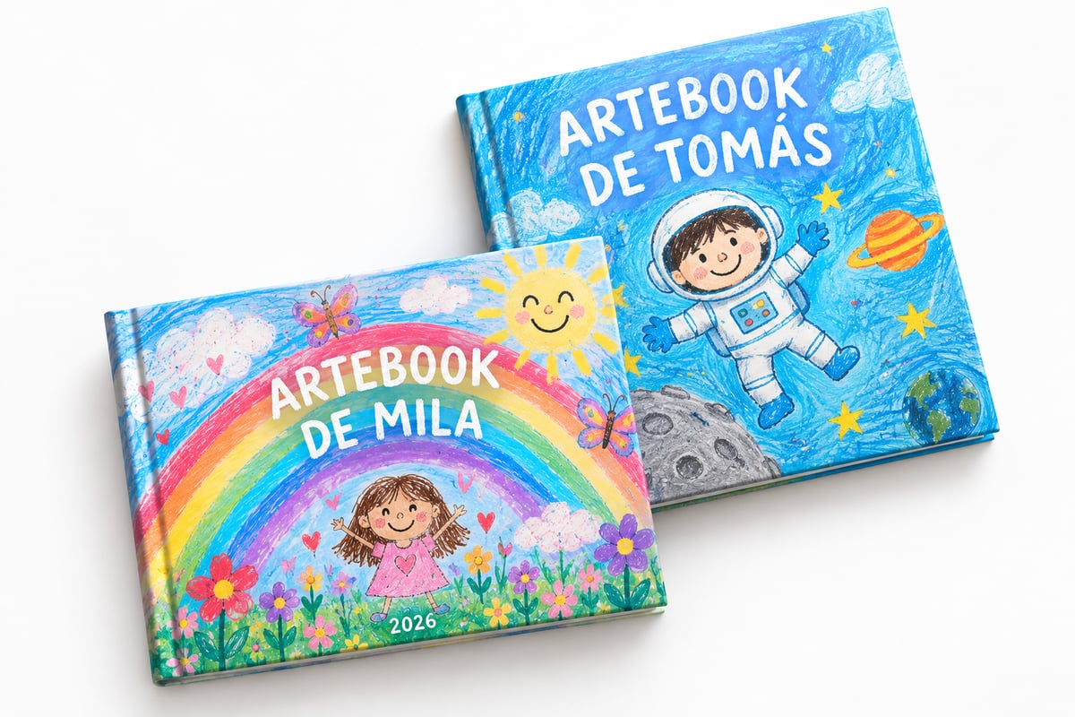 Dos ARTEbooks impresos: el de Mila (rainbow) y el de Tomás (astronauta)