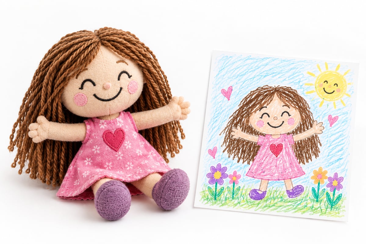 Peluche personalizado junto al dibujo original en el que está inspirado